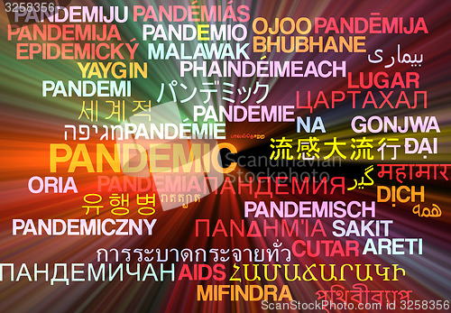 Image of Pandemic multilanguage wordcloud background concept glowing