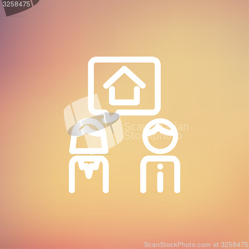 Image of Couple consider to buy a house thin line icon