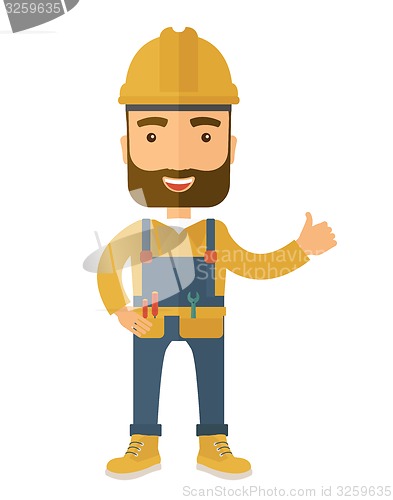 Image of Illustration of a happy carpenter wearing hard hat and overalls