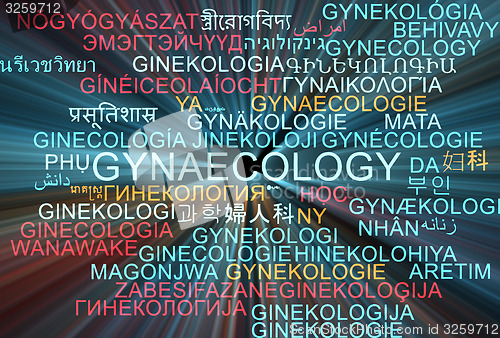 Image of Gynaecology multilanguage wordcloud background concept glowing