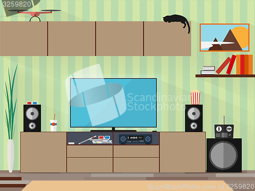 Image of Living room with furniture and long shadows. Flat style vector illustration.