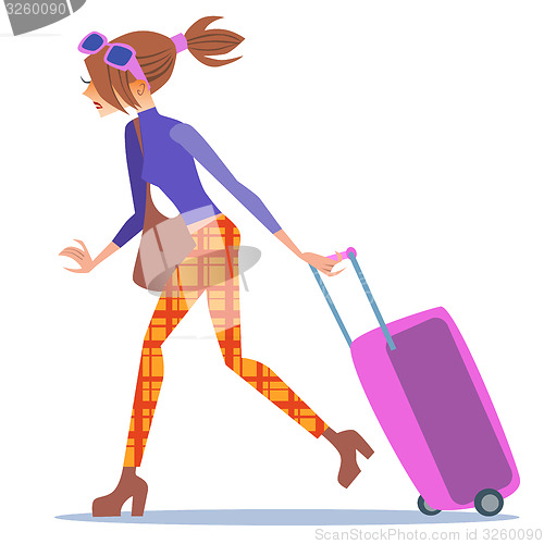 Image of Tourist woman walking with a suitcase journey