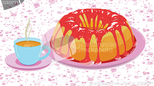 Image of Cake with glaze and a cup of hot drink