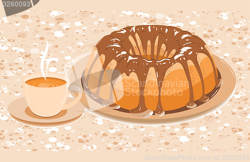 Image of Cake with glaze and a cup of hot drink