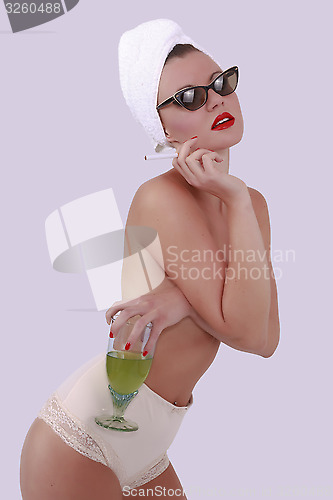 Image of Sexy Topless Woman Holding Cigarette and Drink