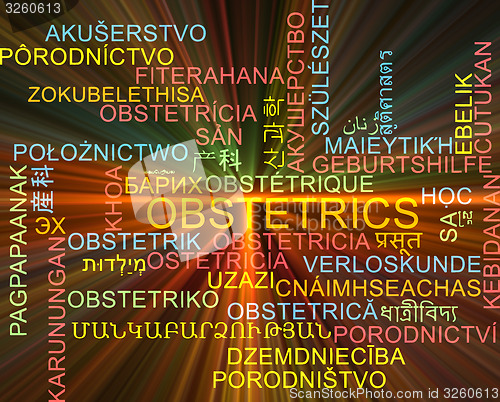 Image of Obstetrics multilanguage wordcloud background concept glowing
