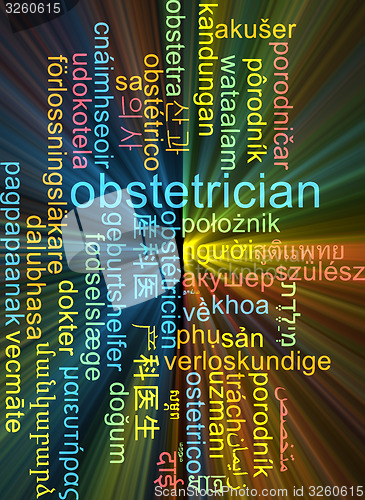 Image of Obstetrician multilanguage wordcloud background concept glowing