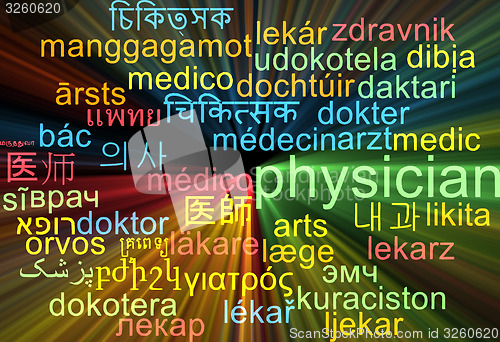 Image of Physician multilanguage wordcloud background concept glowing