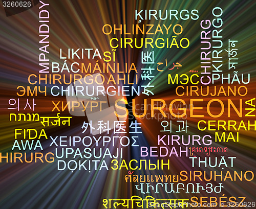 Image of Surgeon multilanguage wordcloud background concept glowing