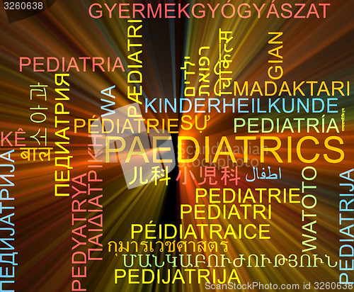 Image of Paediatrics multilanguage wordcloud background concept glowing