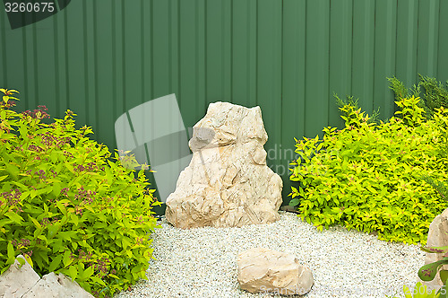 Image of Fragment of the garden with green bushes and bright stones.