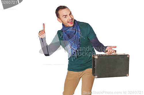 Image of Man traveler pointing finger up with idea