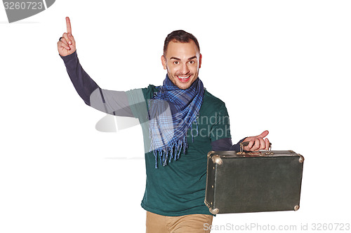 Image of Man traveler pointing finger up with idea