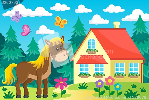 Image of Horse in garden near house