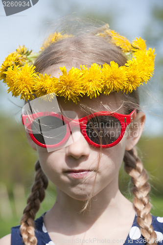 Image of funny girl portrait in dandelion garland