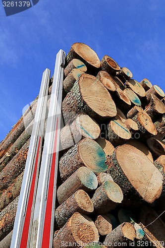 Image of Logs Stacked Up on a Logging Truck Trailer with Blue Sky