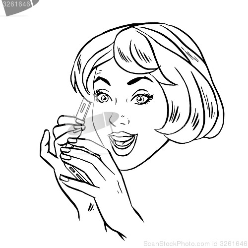 Image of Young woman talking on smartphone retro line art 
