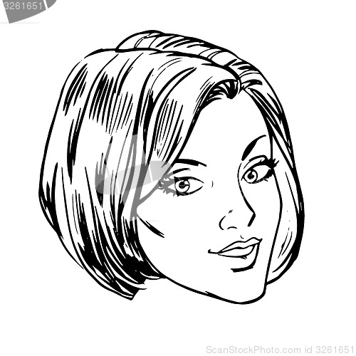 Image of Beautiful young woman face smile retro line art 