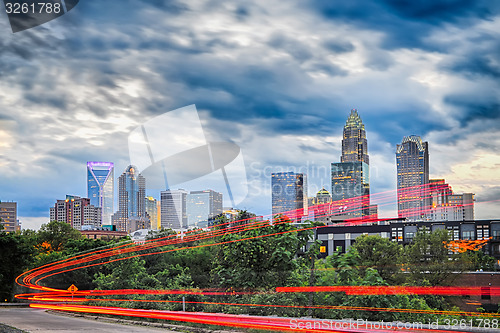 Image of Downtown of Charlotte  North Carolina skyline with dramatic sky