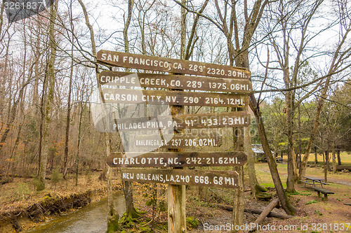 Image of wooden direction sign in the forest