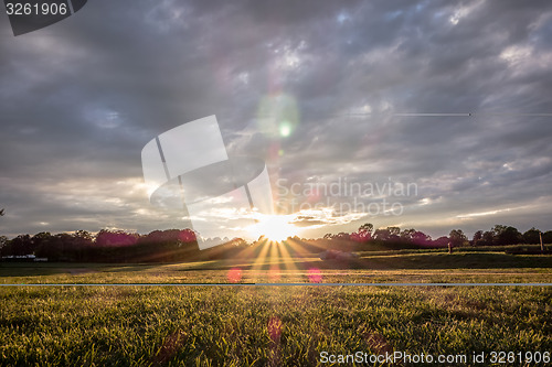 Image of Sunset over green farm field 