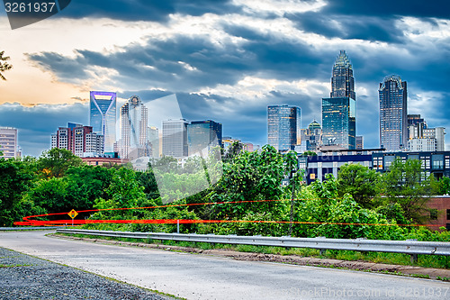 Image of Downtown of Charlotte  North Carolina skyline with dramatic sky