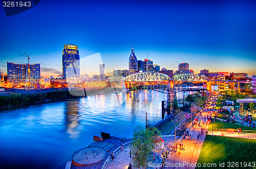 Image of Nashville Tennessee downtown skyline at Shelby Street Bridge