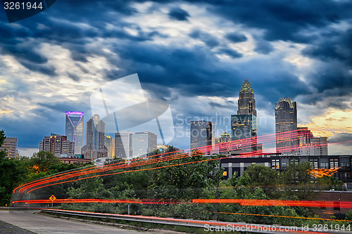 Image of Downtown of Charlotte  North Carolina skyline with dramatic sky