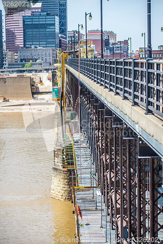 Image of Bridge maintenance  with scaffolding  on site