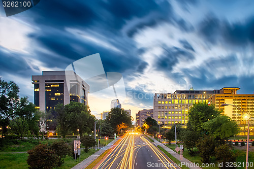 Image of Downtown of Charlotte  North Carolina skyline with dramatic sky