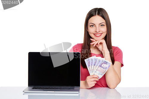 Image of Woman showing  laptop screen