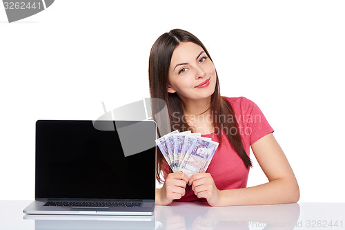 Image of Woman showing  laptop screen