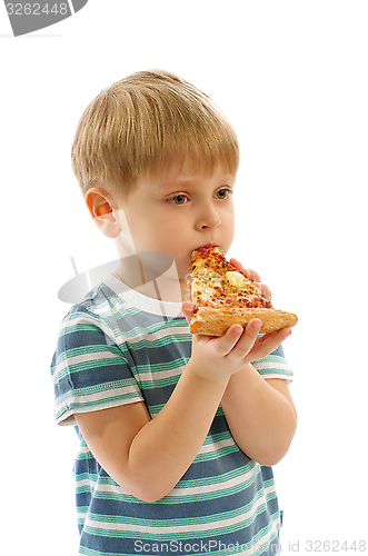 Image of Little Boy Eating Pizza