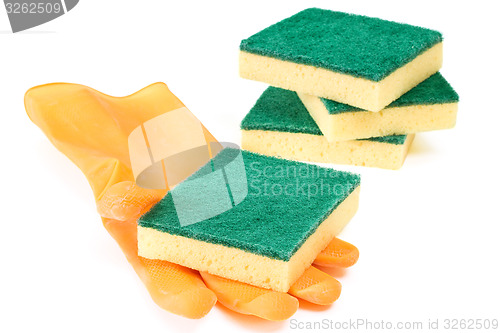 Image of Scouring sponges with rubber glove