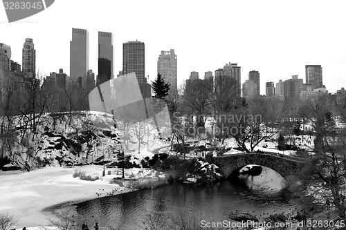 Image of Gapstow bridge and upper west side in black and white