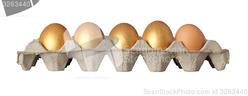 Image of Four golden and one chicken eggs