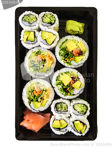 Image of Box of vegetarian sushi on white background