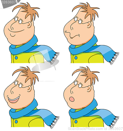 Image of Vector cartoon man with a scarf and coat. emotions. set