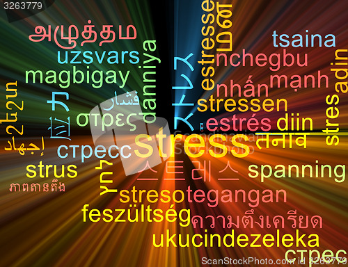 Image of Stress multilanguage wordcloud background concept glowing