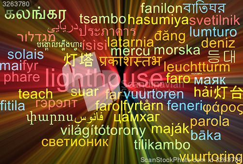 Image of Lighthouse multilanguage wordcloud background concept glowing