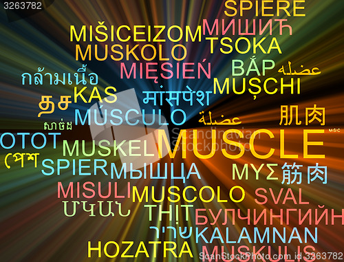 Image of Muscle multilanguage wordcloud background concept glowing