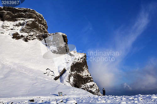 Image of Snowy mountain landscape in Reynisfjara, South Iceland