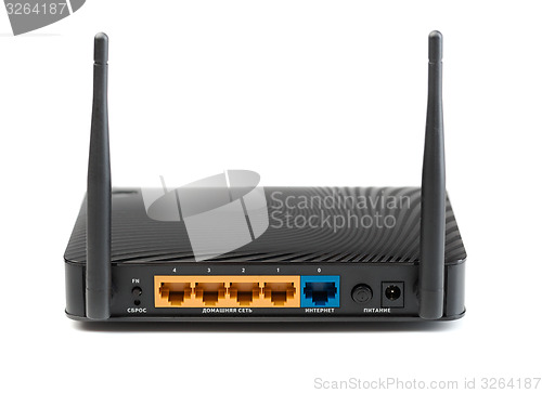 Image of Wireless router for internet connections. The view from the rear