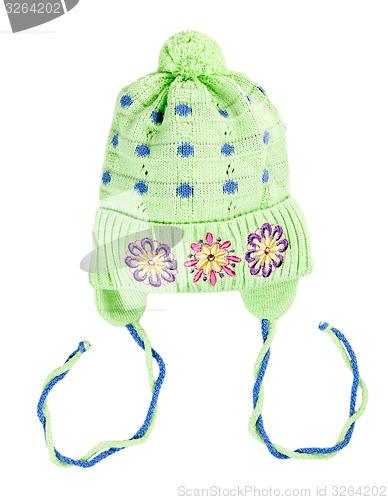 Image of green baby knitted hat with a flower pattern