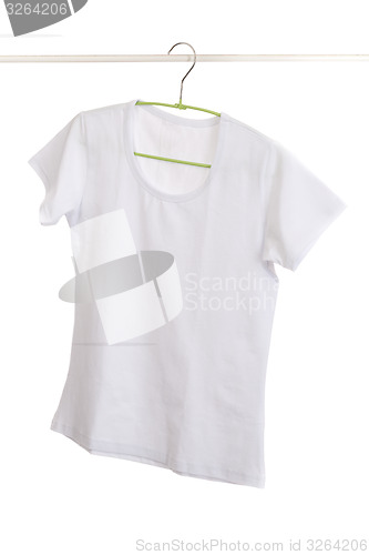 Image of white t-shirt on hanger.