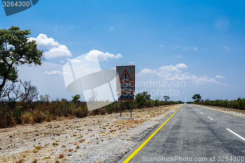 Image of Endless road with blue sky and sign elephants crossing