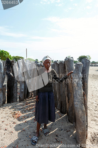 Image of Portrait of old wrinkled woman behind gate of his village