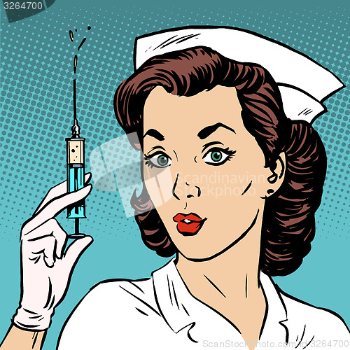 Image of Retro nurse gives an injection syringe medicine health