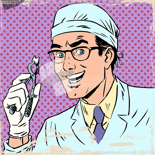 Image of Funny dentist pulled out a tooth pop art retro comic