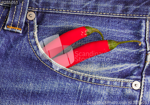 Image of red peppers in a jeans pocket